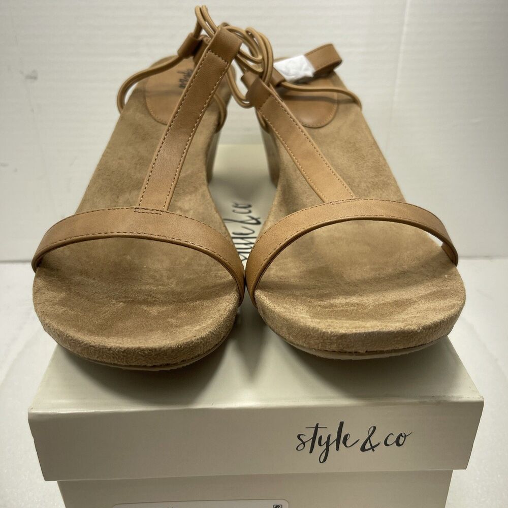 Style & Co Mulan Embellished Wedge Sandals, Medium Tan, Women Size 12 Item#497